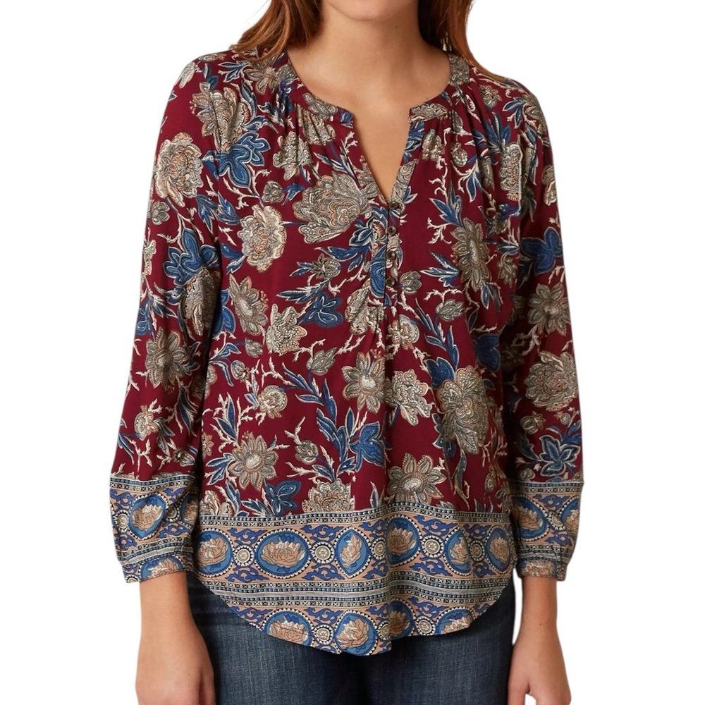 Lucky Brand Floral Border Blouse Red Blue Mixed Print Tunic Top Boho Peasant 2X